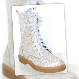 Pazzle Silver Metallic Glitter Rhinestone Embellished Lace-up Combat Booties
